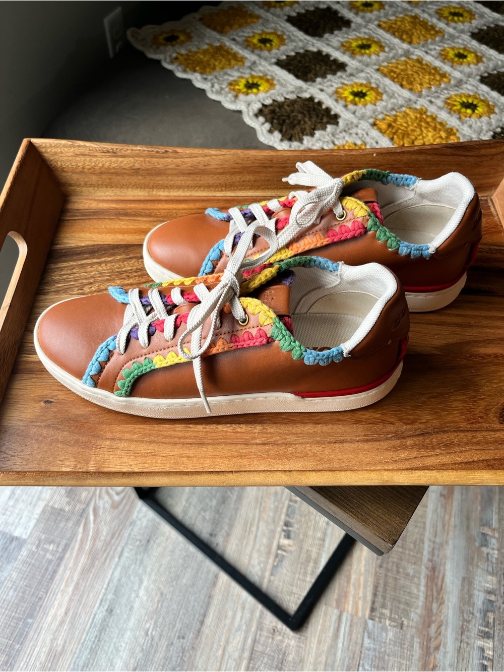 Coach Orange Leather Sneakers with Multicolor Crochet Trim - Picture 3 of 7